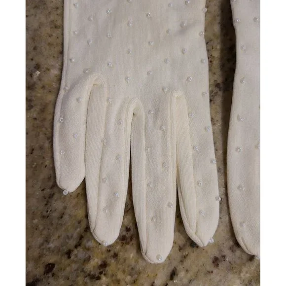New? Vintage One Size Fits Cream Stretch Nylon Formal 8" Gloves Silver Tone Bead - Picture 2 of 16